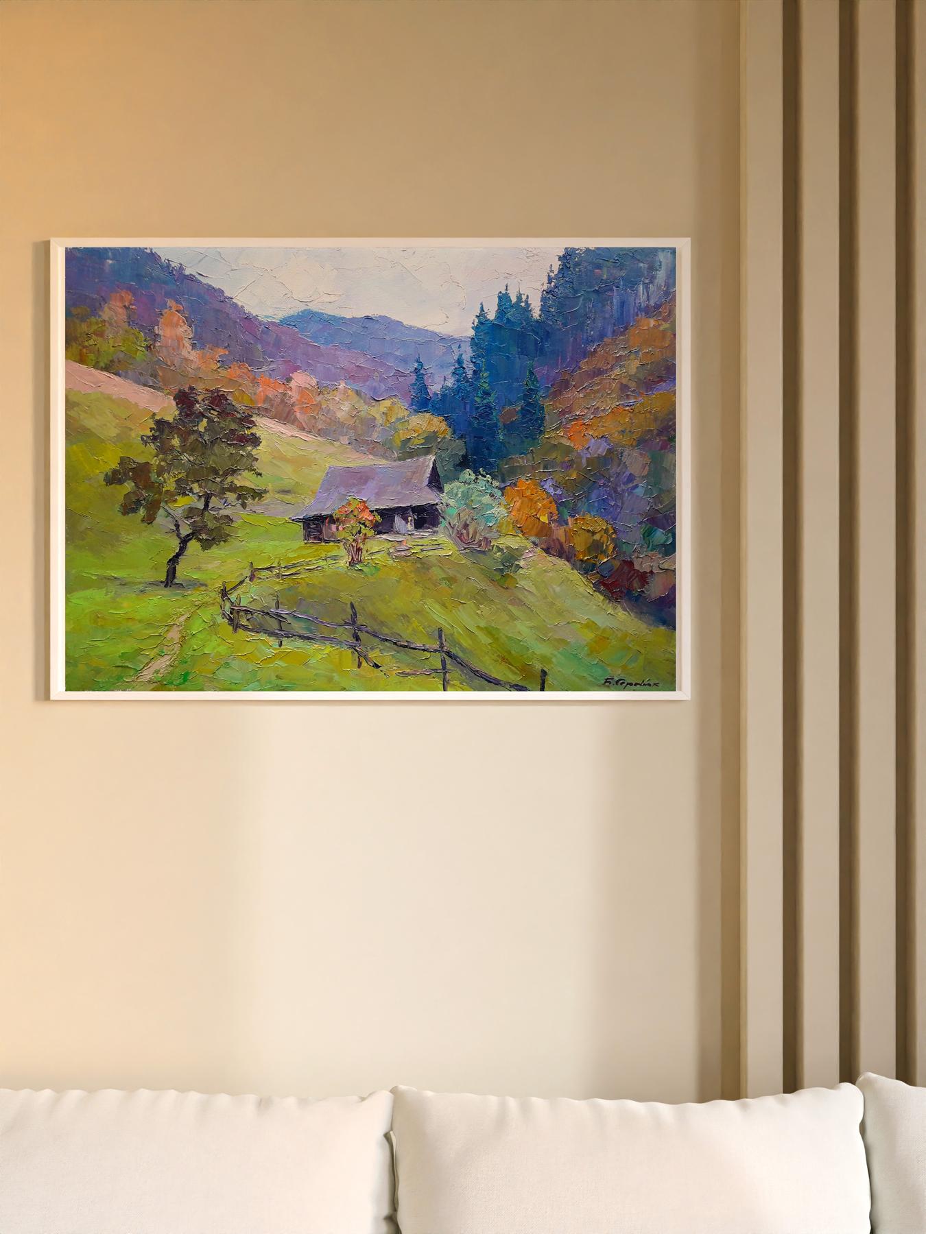 Boris Petrovich Serdyuk's oil painting captures the vibrant hues of the Carpathian Mountains