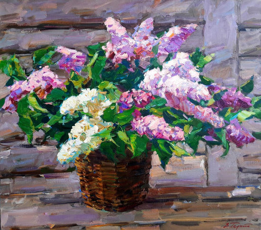 Oli painting Basket with lilac Pereta Vyacheslav