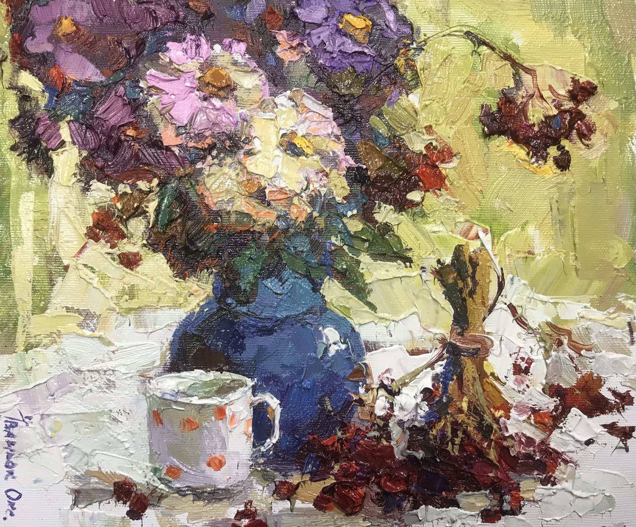 Oil painting viburnum on the table Ivanyuk Oksana