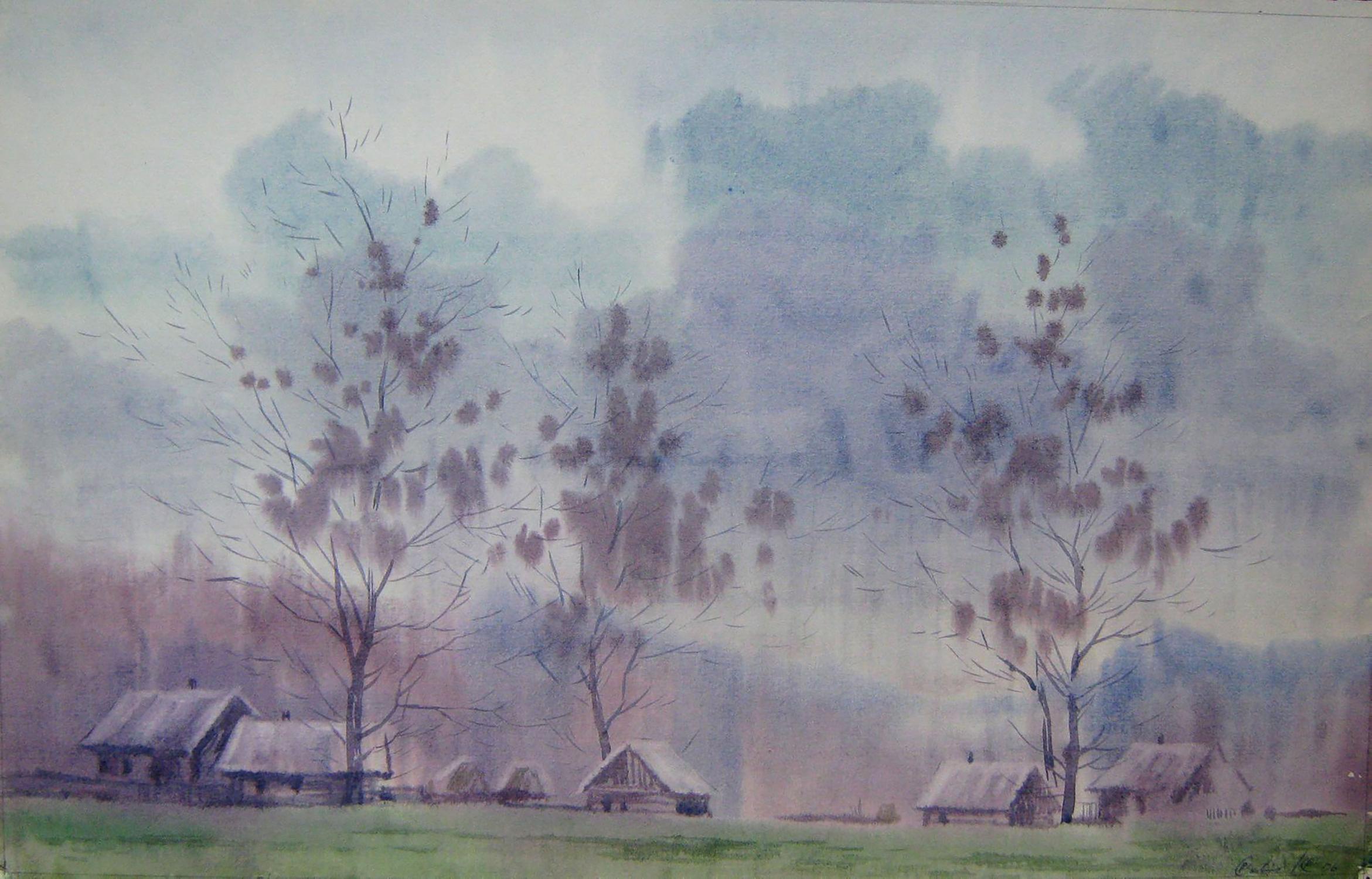 Watercolor painting Early morning in the village Valery Savenets