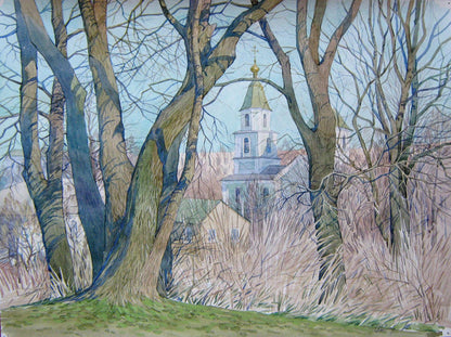 Watercolor painting Church in the village Valery Savenets