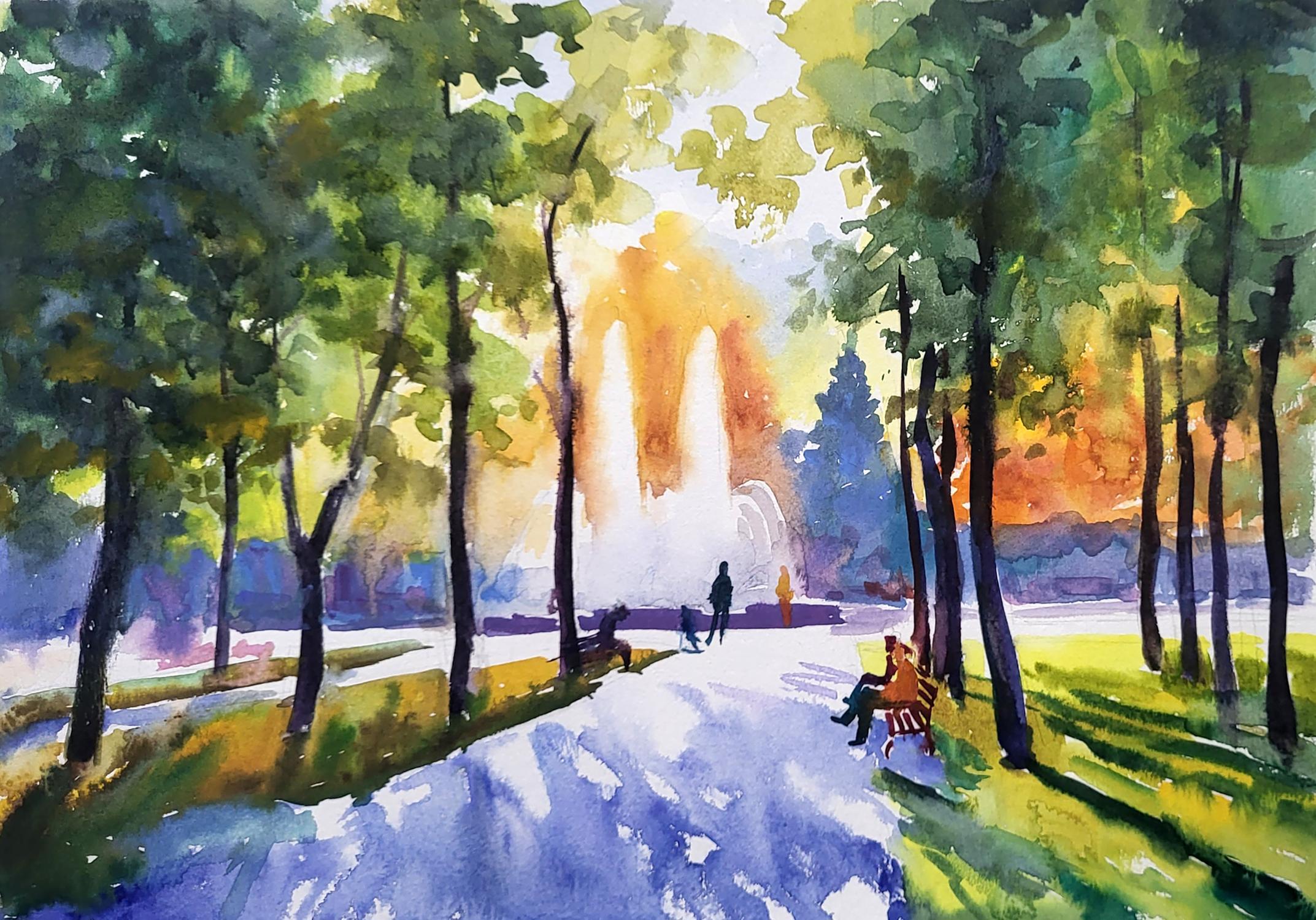 Watercolor painting Park with a fountain Serdyuk Boris Petrovich