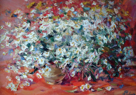 Oil painting Daisies on a red background Alexander Nikolaevich Cherednichenko