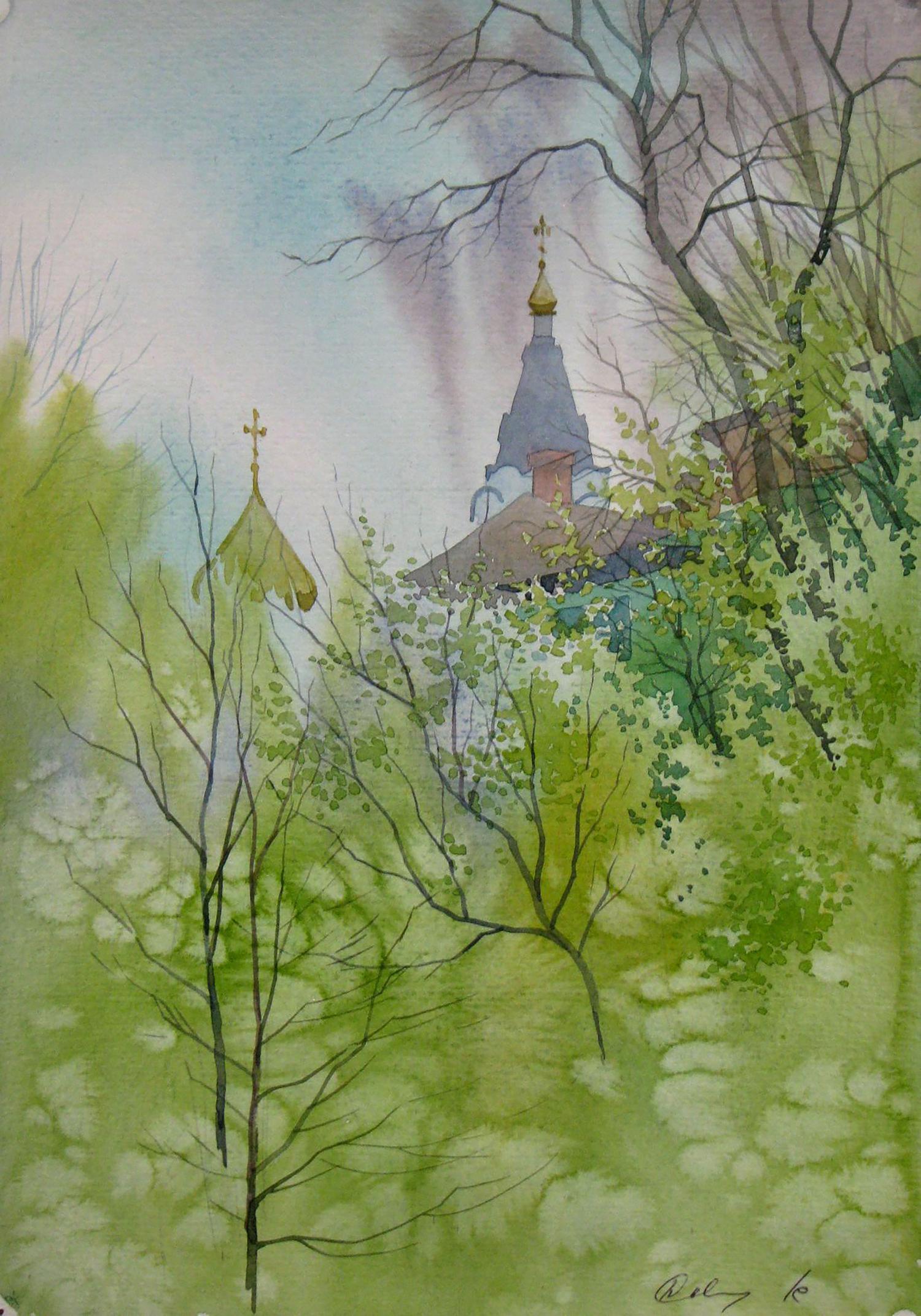 Watercolor painting Green foliage Kalebets Valery