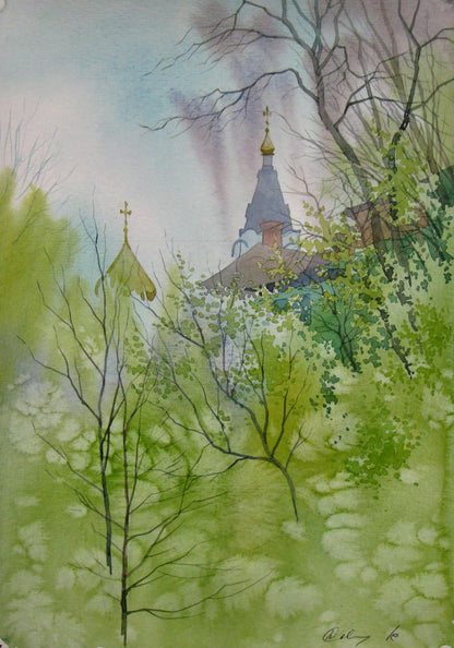 Watercolor painting Green foliage Kalebets Valery