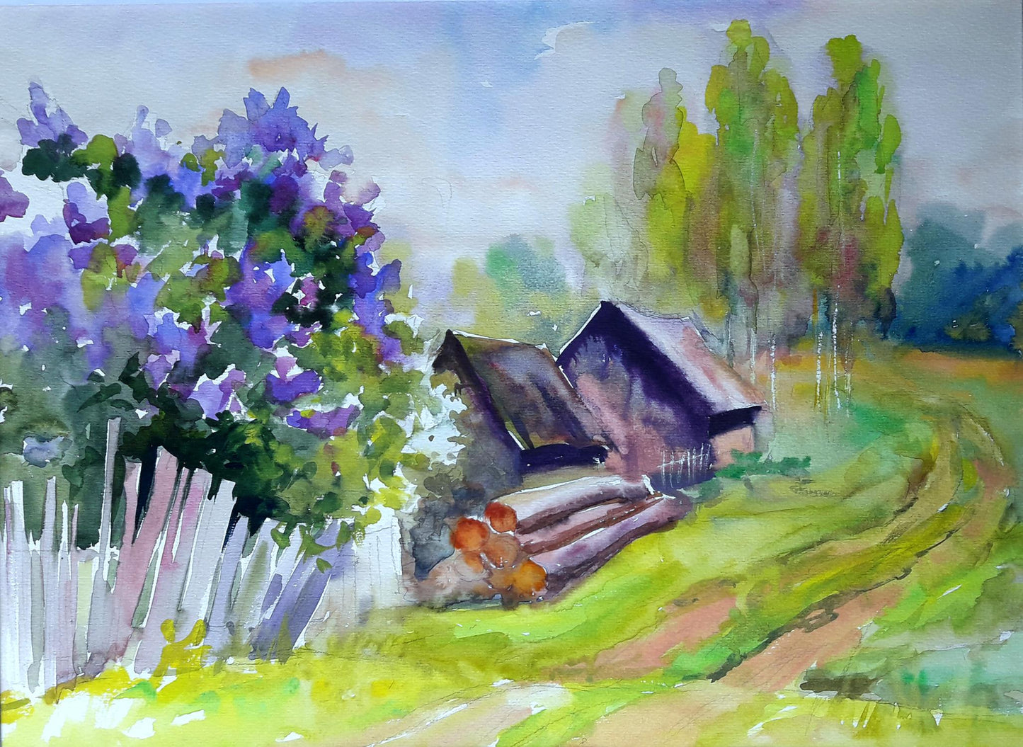 Watercolor painting Lilac near the village Serdyuk Boris Petrovich