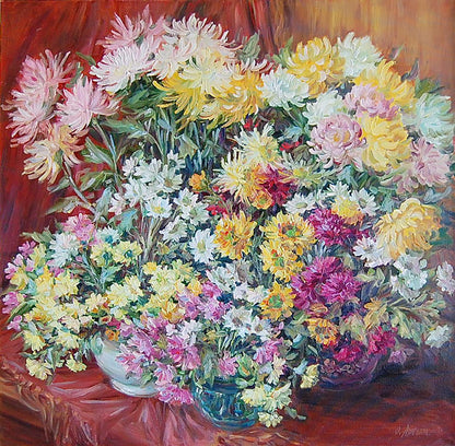 Oil painting Asters and chrysanthemums Artim Olga