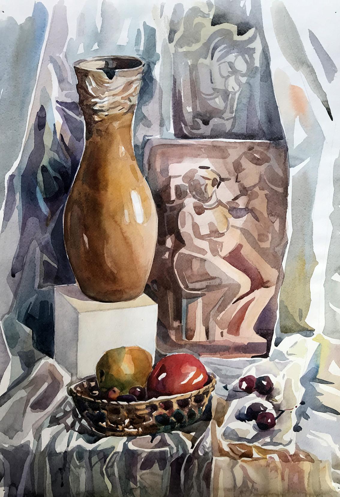 Watercolor painting Fruits and vase on the table Unknown artist