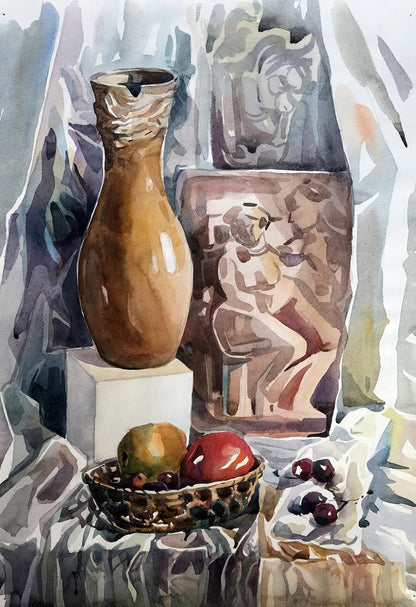 Watercolor painting Fruits and vase on the table Unknown artist