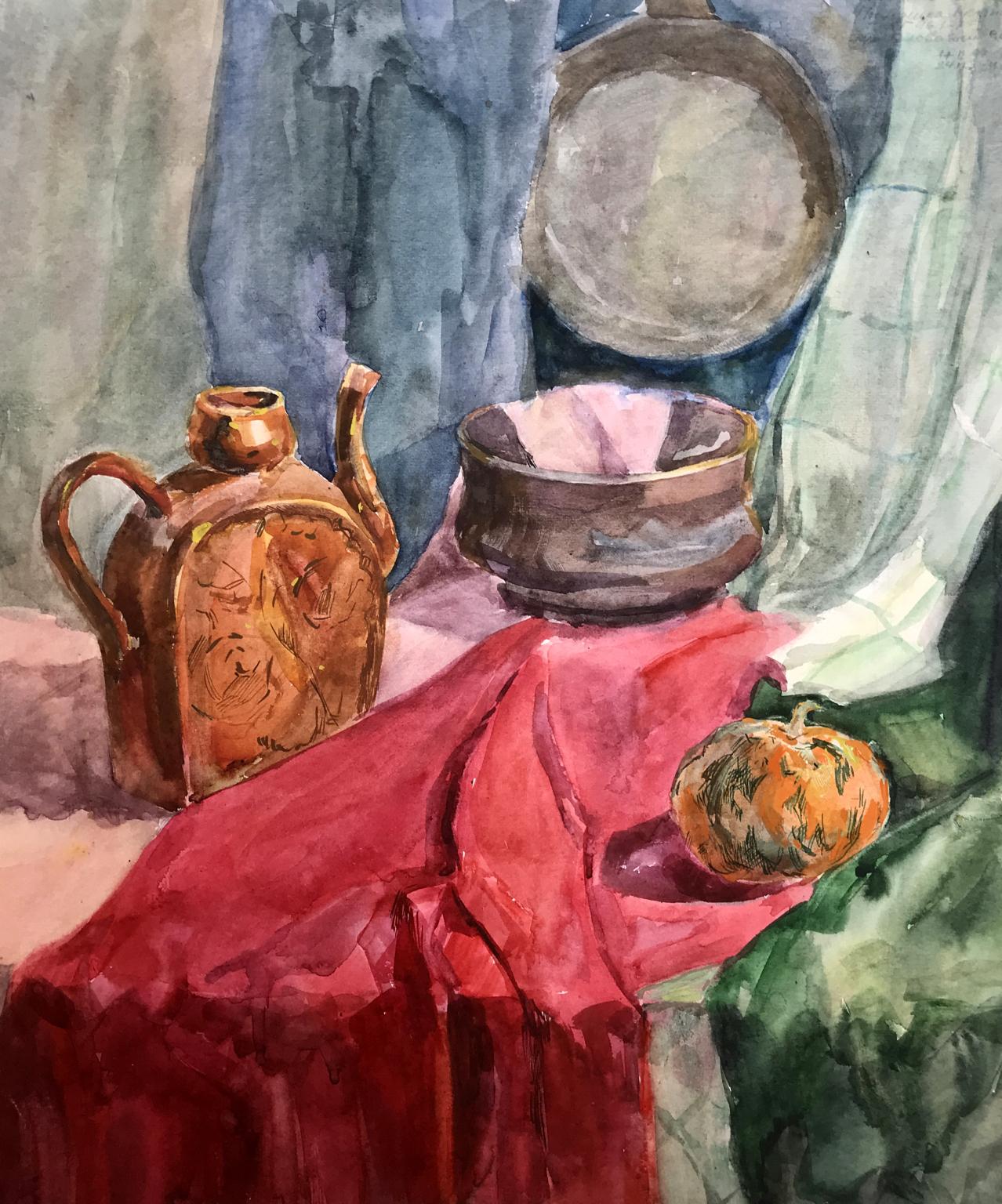 Watercolor painting Pumpkin still life Unknown artist