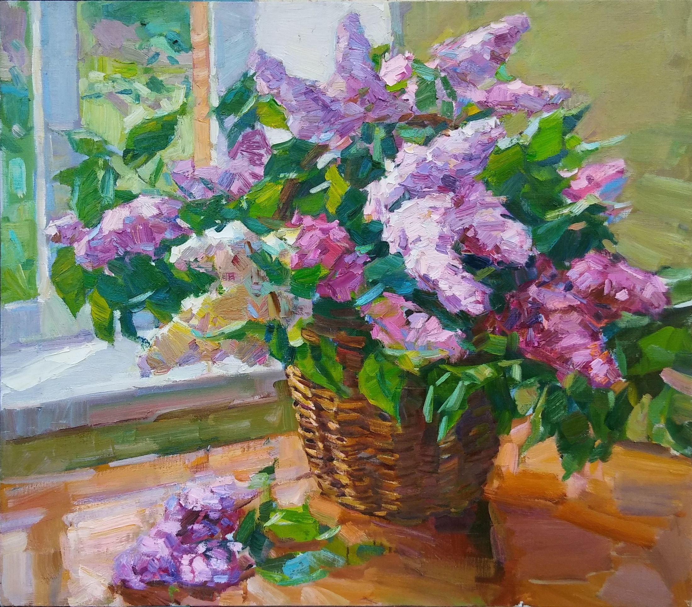 Oli painting Basket with lilacs near the window Vyacheslav Pereta