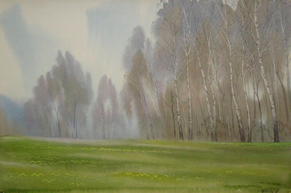 Watercolor painting April birch thicket Valery Savenets