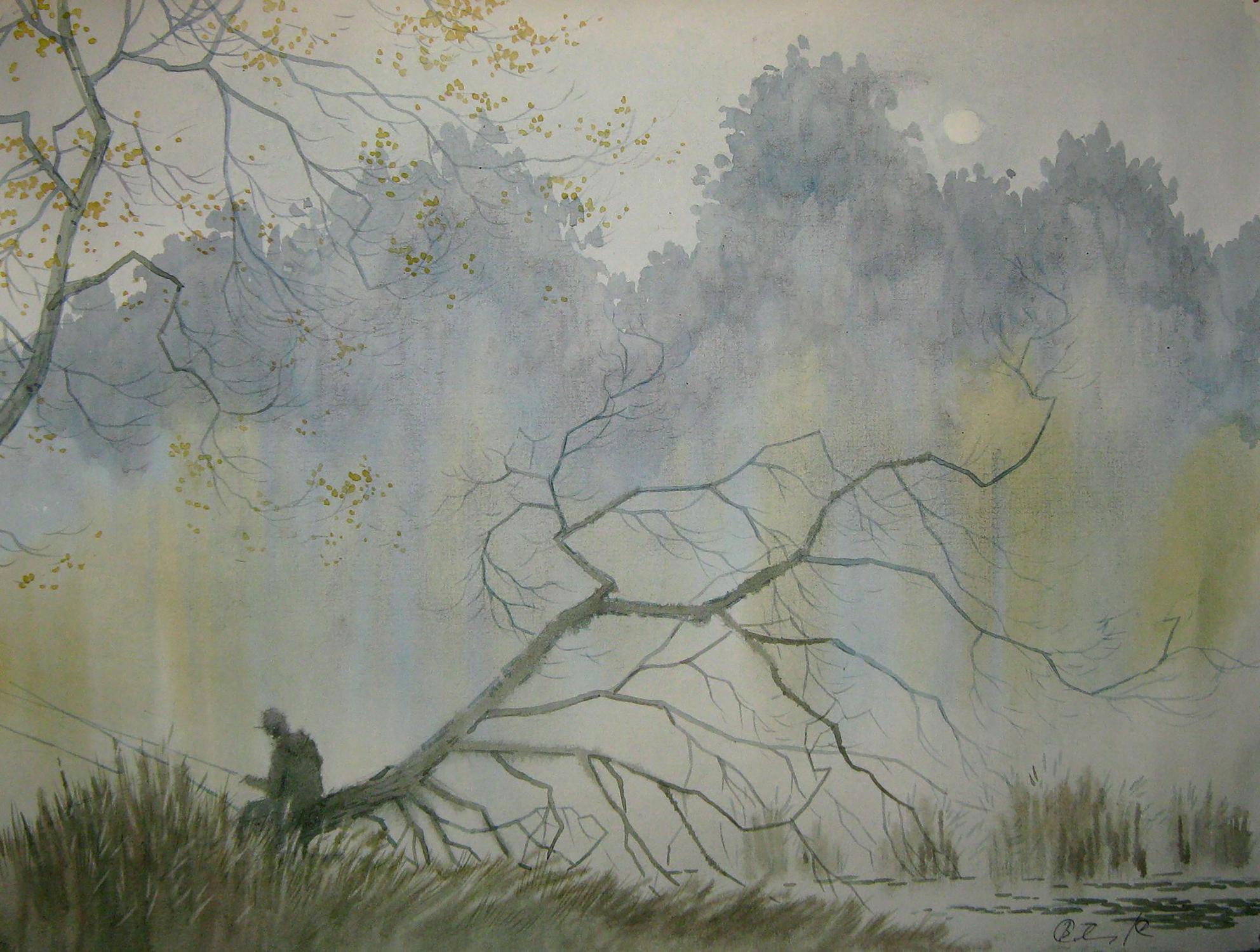 Watercolor painting Fishing on a lake in the fog Valery Savenets