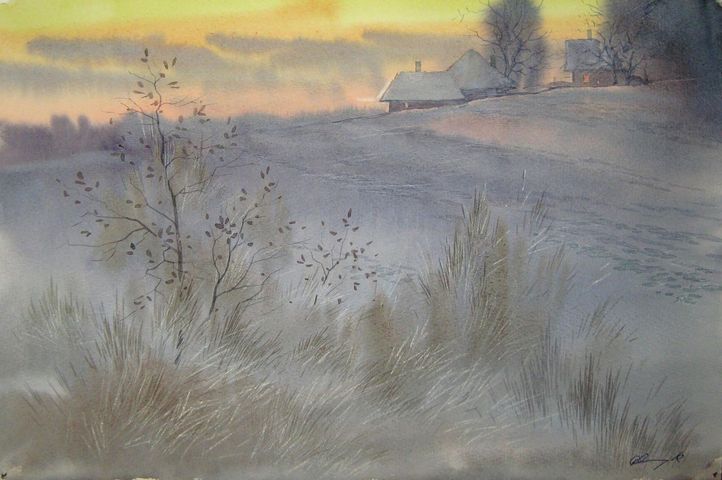 Watercolor painting Winter fantasy from sunset Valery Savenets