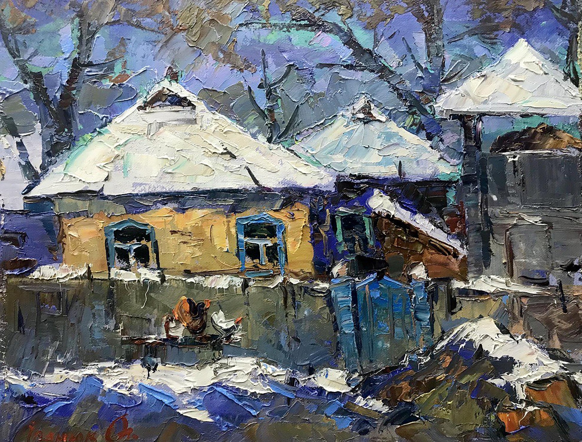 Oil painting The first snow fell in the village Ivanyuk Alex