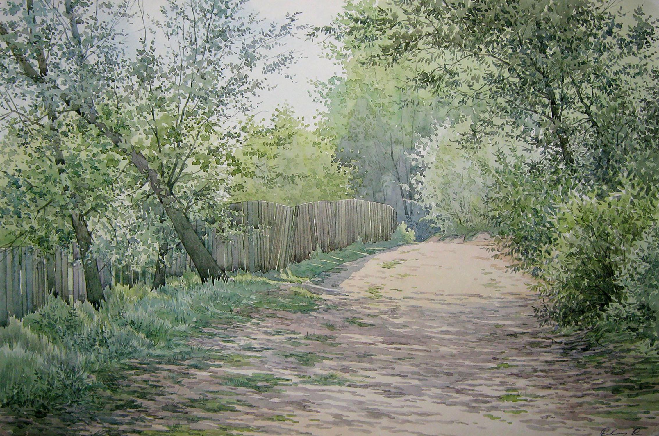 Watercolor painting Road to the river Savenets Valery