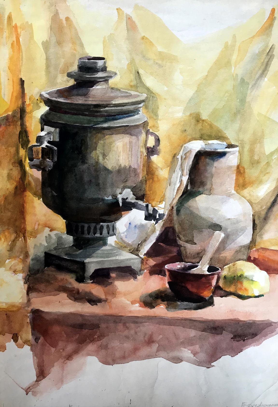 Watercolor painting Vintage teapot on the table Unknown artist