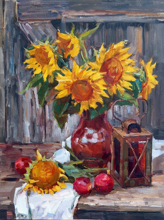 Oli painting Sunflowers and lantern Pereta Vyacheslav