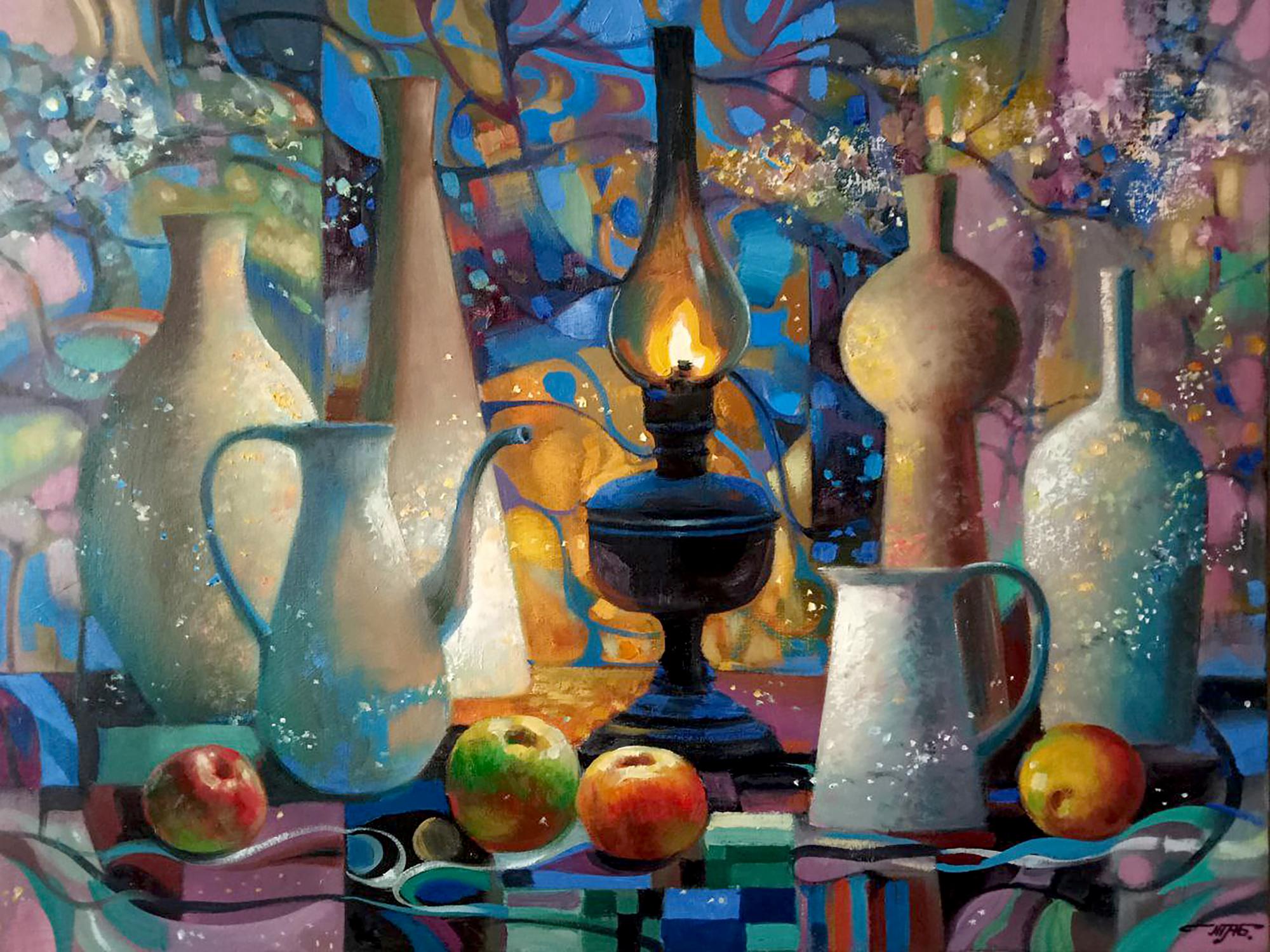 Oil painting Lamps and apples on the table Anatoly Tarabanov