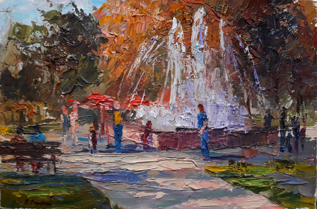 Oil painting Fountain. Kremenchuk Serdyuk Boris Petrovich