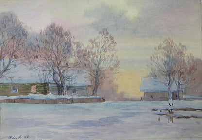 Watercolor painting Seeing off the winter sunset Valery Savenets