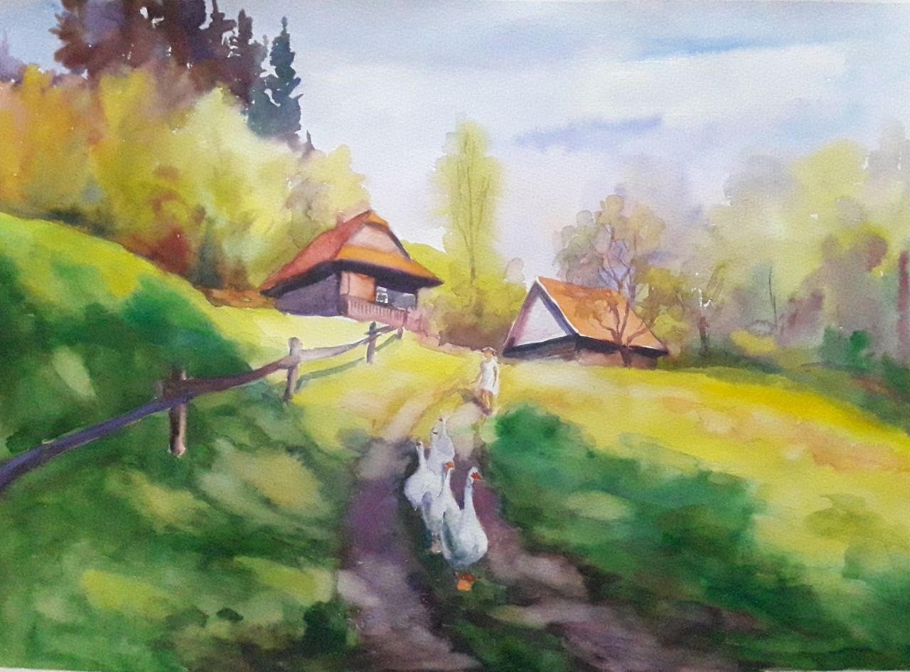 Watercolor painting Swiss houses Serdyuk Boris Petrovich