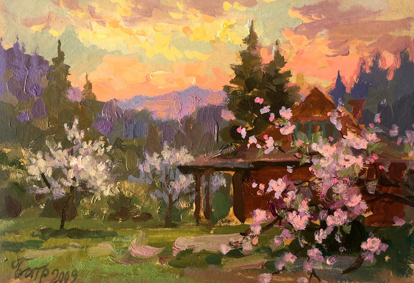 Oil painting Blooming garden in the evening Vladimir Batrakov