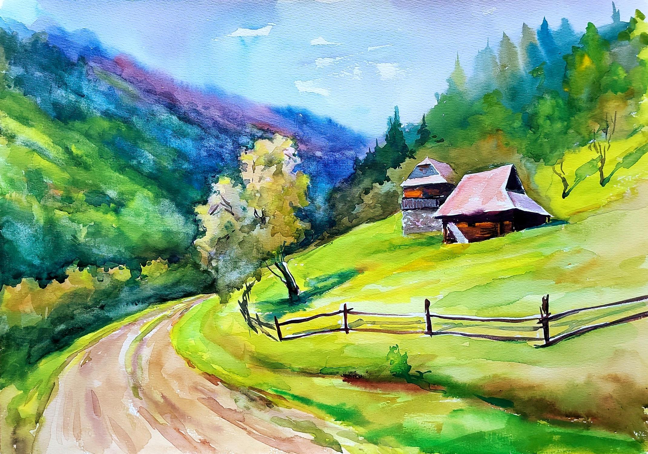 Watercolor painting Carpathian Austrian Houses Serdyuk Boris Petrovich
