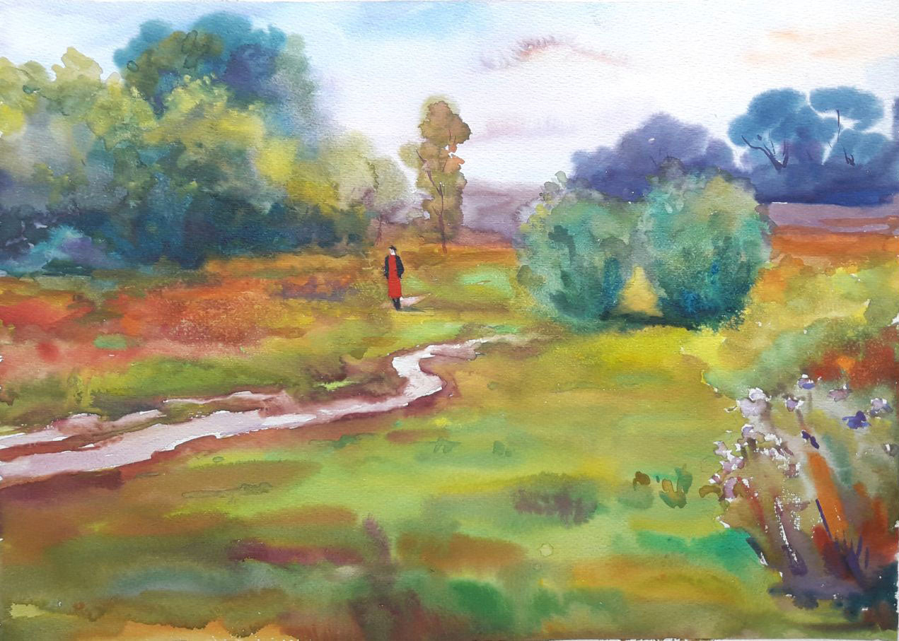 Watercolor painting Landscape with a female figure Serdyuk Boris Petrovich