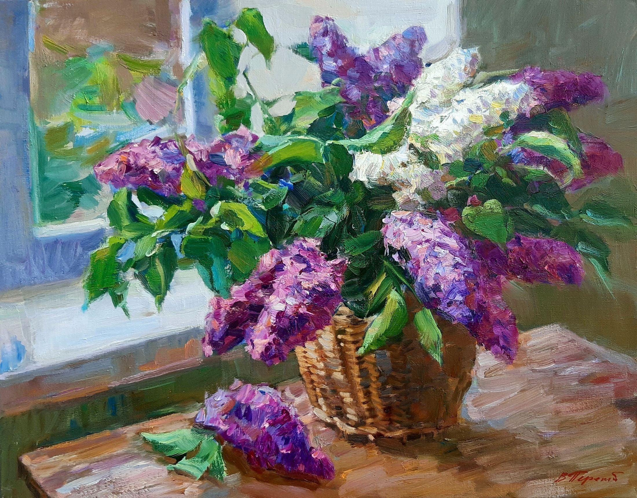 Oli painting Lilac by the window Pereta Vyacheslav