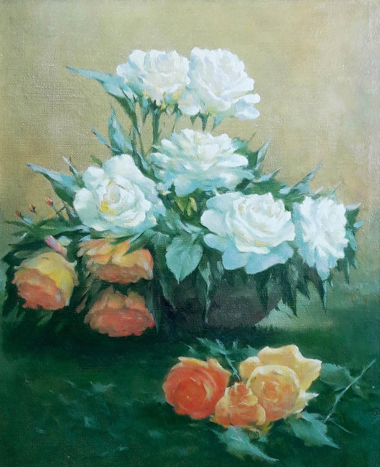 Oil painting White and yellow roses in a vase Vasily Korkishko