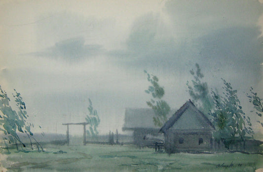 Watercolor painting Rain storm in the village Valery Savenets