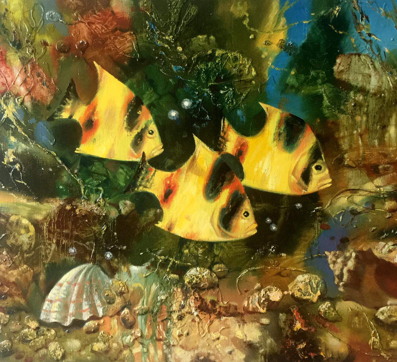 Abstract oil painting Three Yellow Fish Anatoly Tarabanov