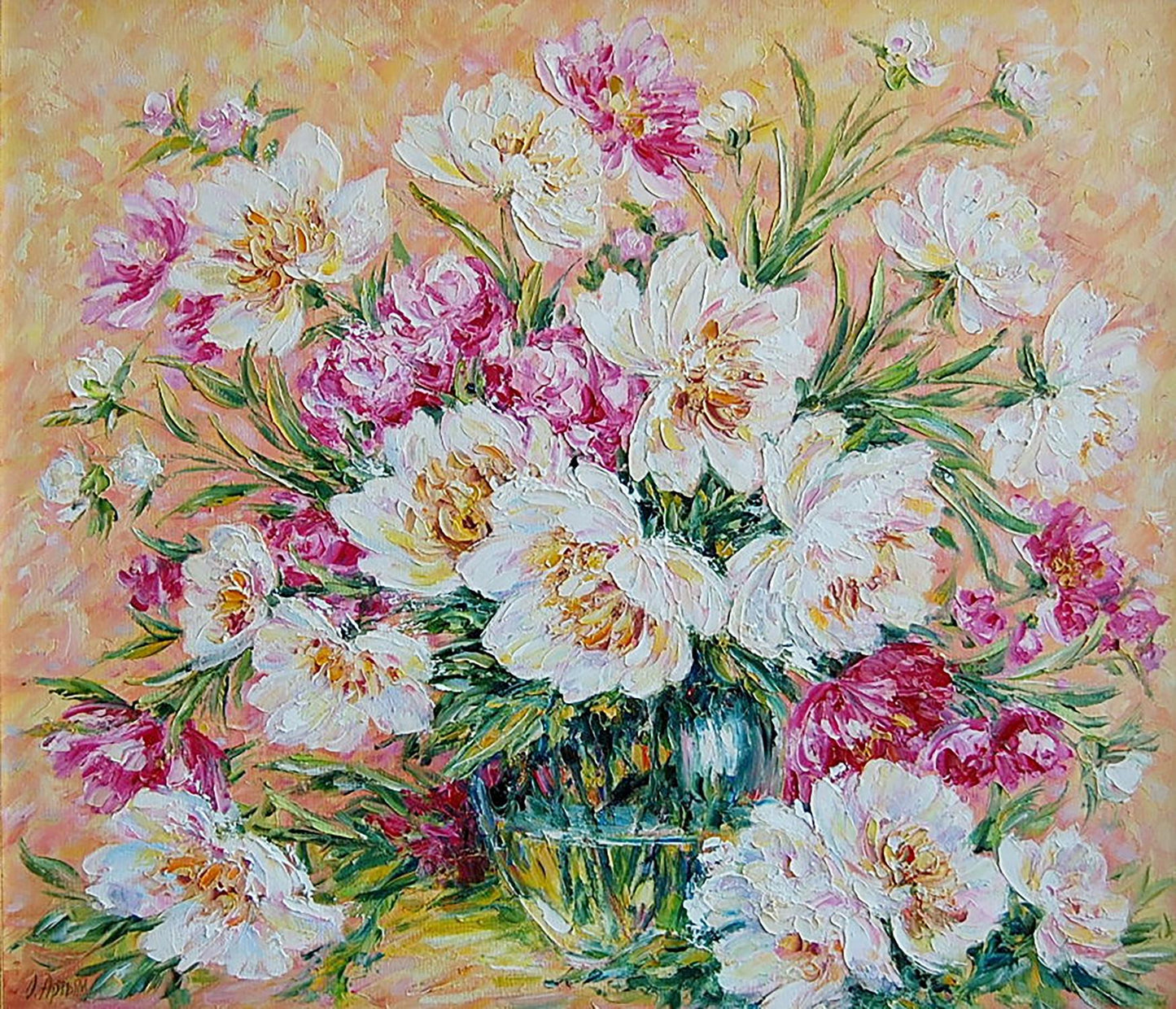 Oil painting Peonies on apricot background Artim Olga