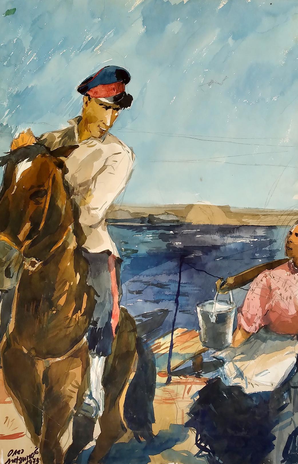 Social realism watercolor painting Soldier and girl Litvinov Oleg Arkad'yevich