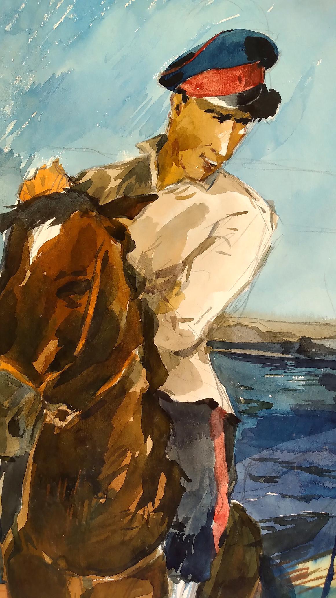 Social realism watercolor painting Soldier and girl Litvinov Oleg Arkad'yevich