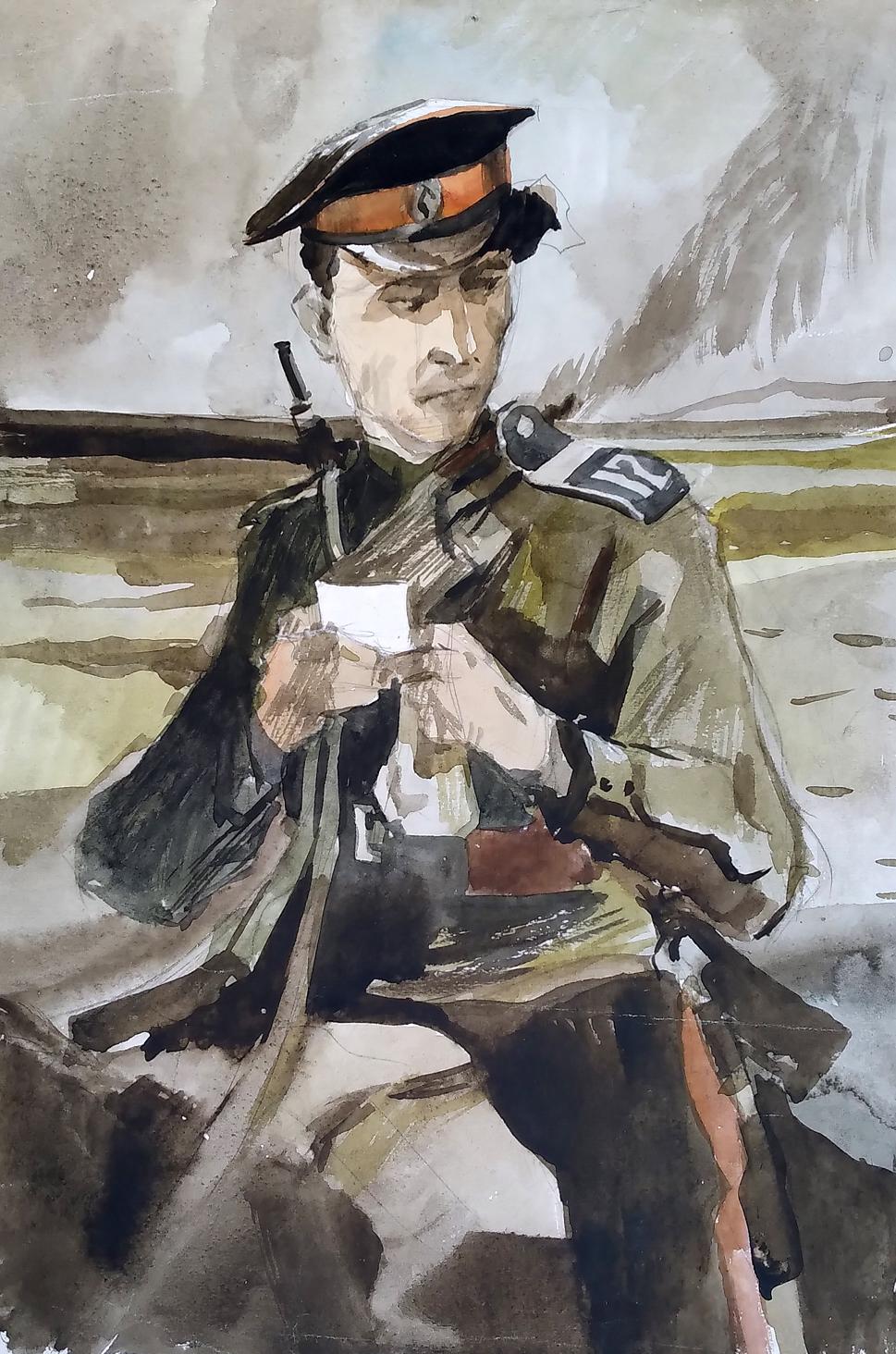 Social realism watercolor painting Soldier on the road Unknown author