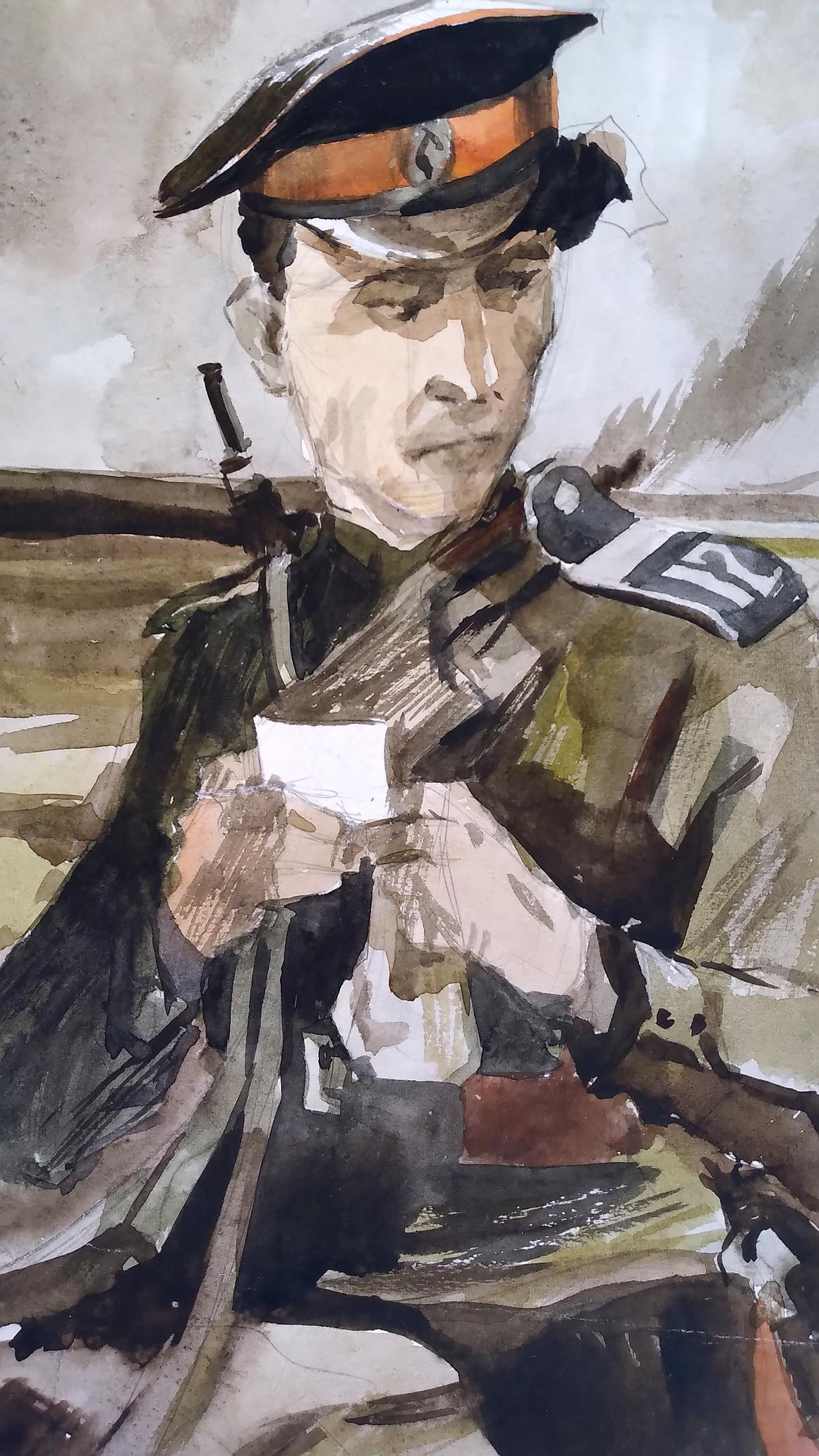 Social realism watercolor painting Soldier on the road Unknown author