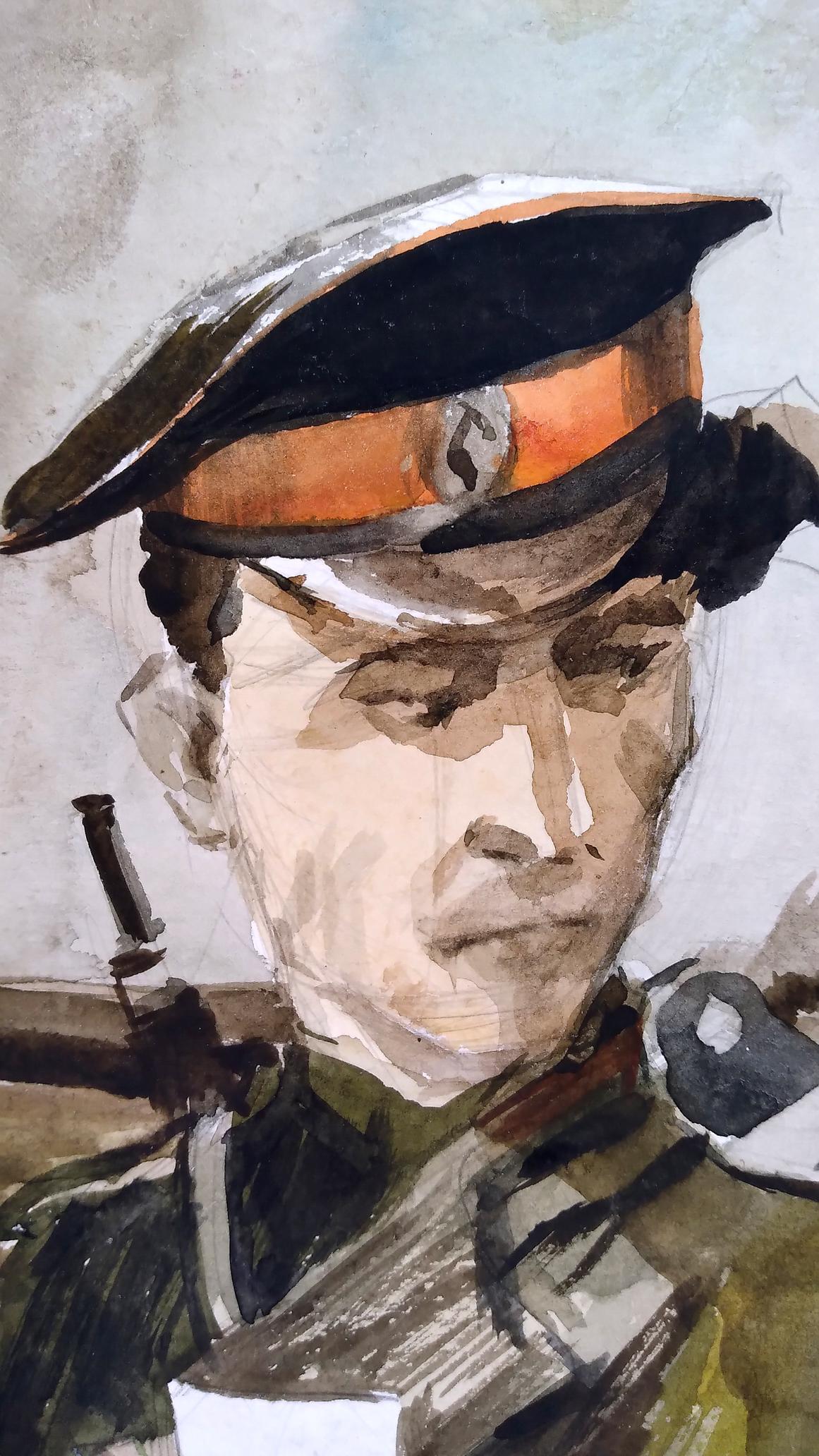 Social realism watercolor painting Soldier on the road Unknown author