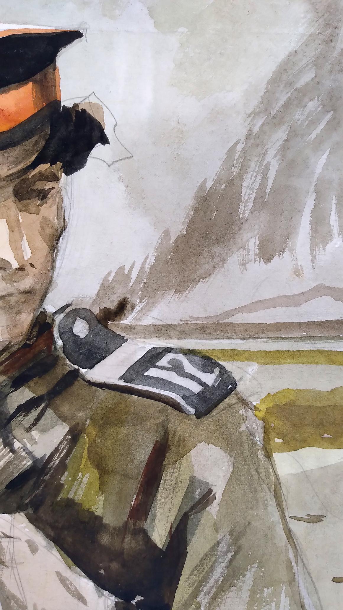 Social realism watercolor painting Soldier on the road Unknown author
