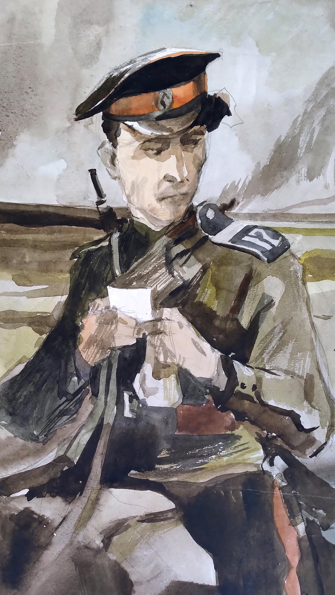 Social realism watercolor painting Soldier on the road Unknown author