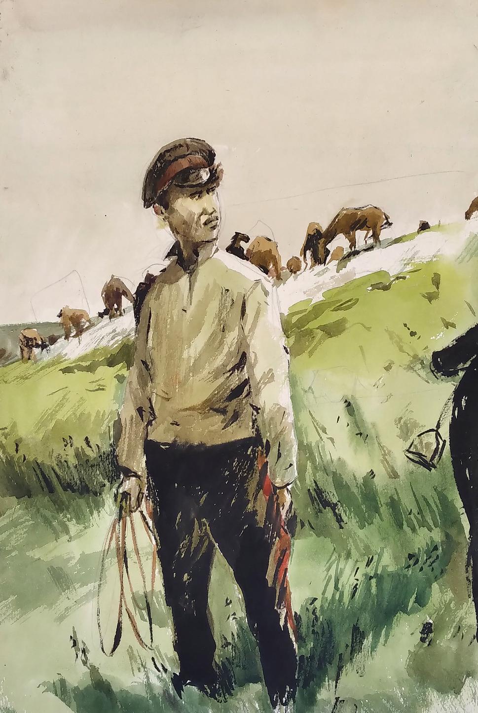 Social realism watercolor painting Soldier in the field Unknown author