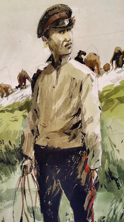 Social realism watercolor painting Soldier in the field Unknown author