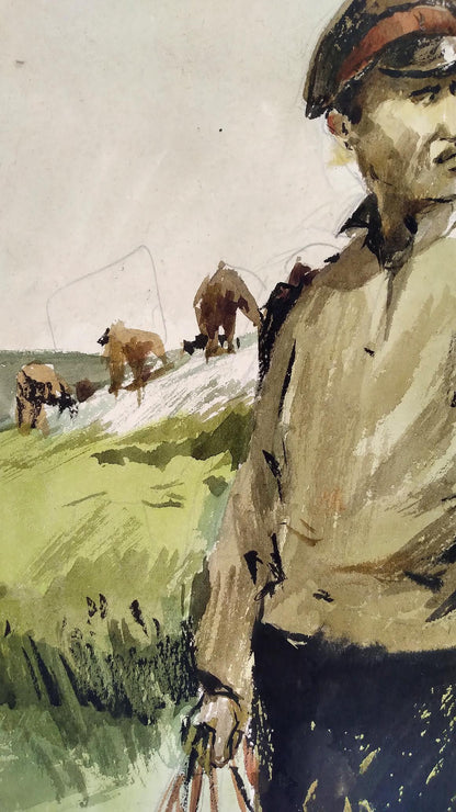 Social realism watercolor painting Soldier in the field Unknown author