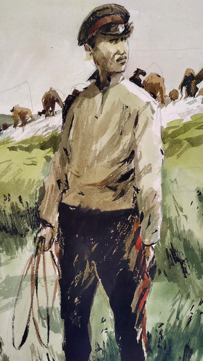 Social realism watercolor painting Soldier in the field Unknown author