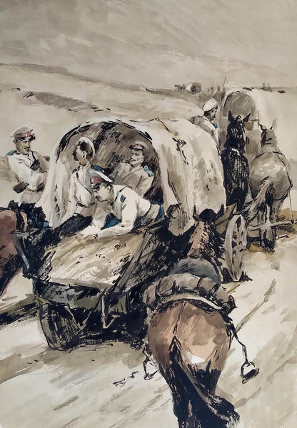 Social realism watercolor painting The soldiers are returning home Unknown author