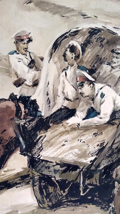 Social realism watercolor painting The soldiers are returning home Unknown author