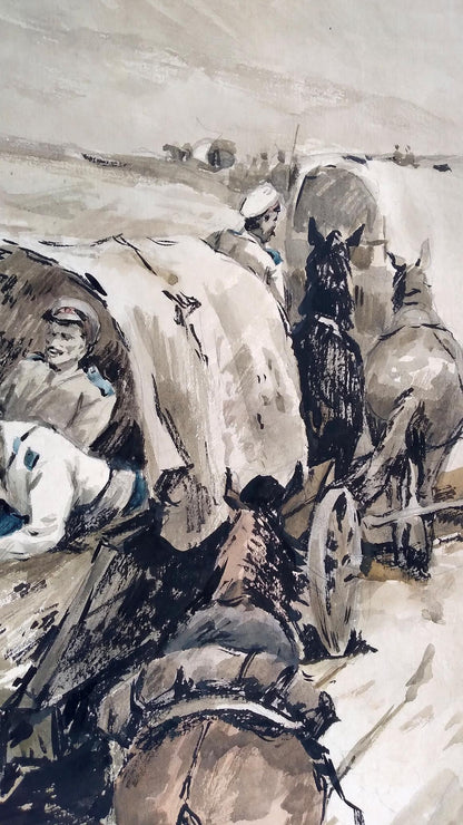 Social realism watercolor painting The soldiers are returning home Unknown author