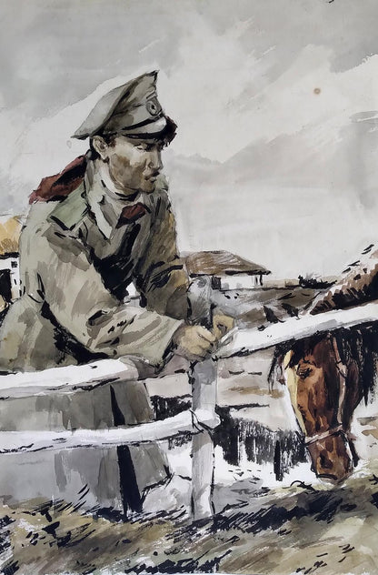 Social realism watercolor painting Soldier at home Unknown author