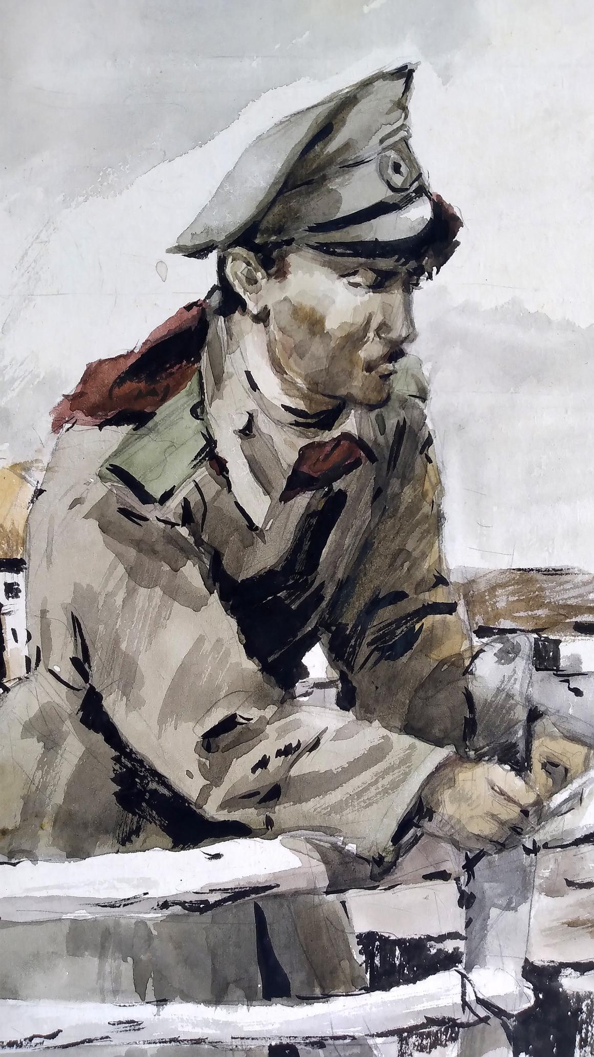 Social realism watercolor painting Soldier at home Unknown author